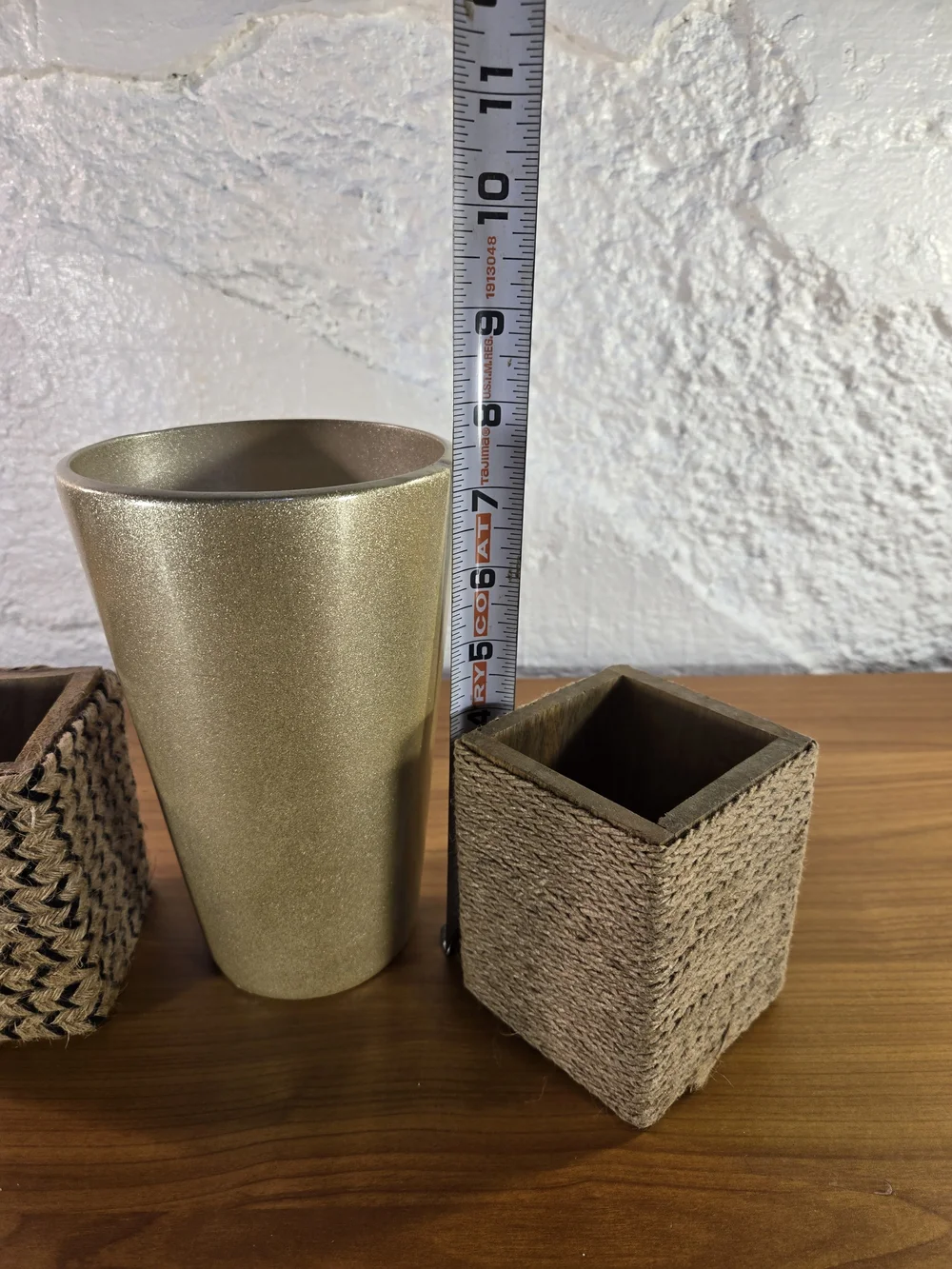 Boho Desk Organizer Set - 3pc Glossy Gold Vase & Burlap Wrapped Pencil Holders